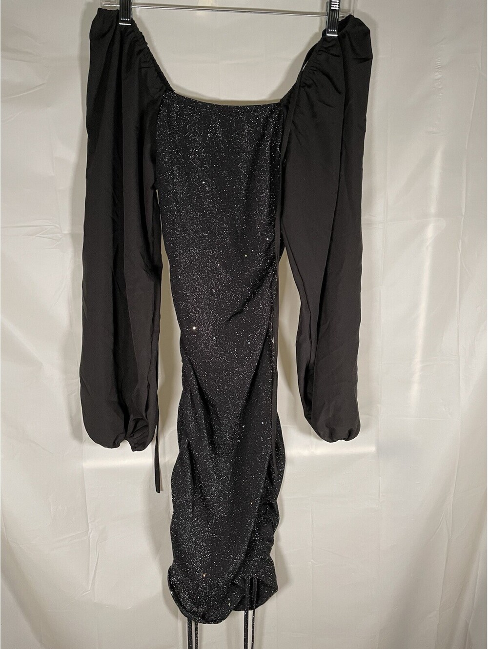 SHEIN Black Sparkle Bodycon Dress Mini XS Size 2 Ruched Off Shoulder Glitter